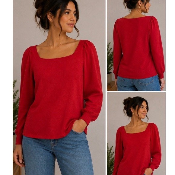 Ann Taylor Factory Sweaters - Ann Taylor Factory Sweater Womens Large Red Excellent Puff Sleeve Square Neck